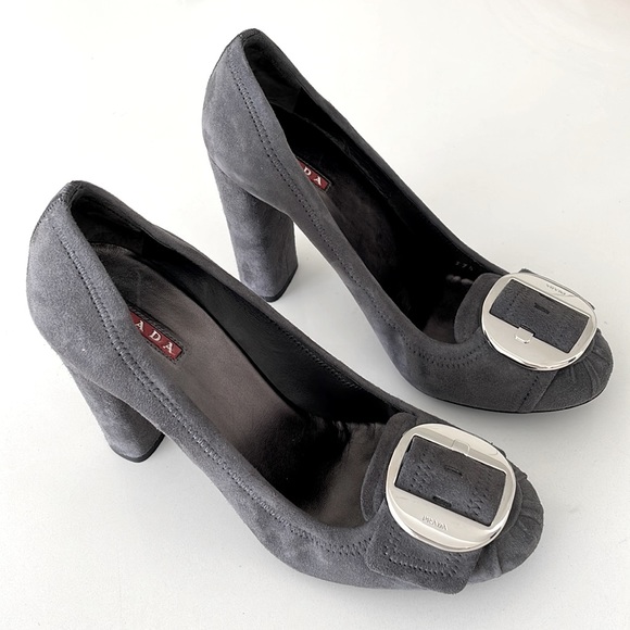 Prada Linea Rossa Shoes - Pristine! Prada Grey Suede Heels w/ Logo Silver tone Buckle.